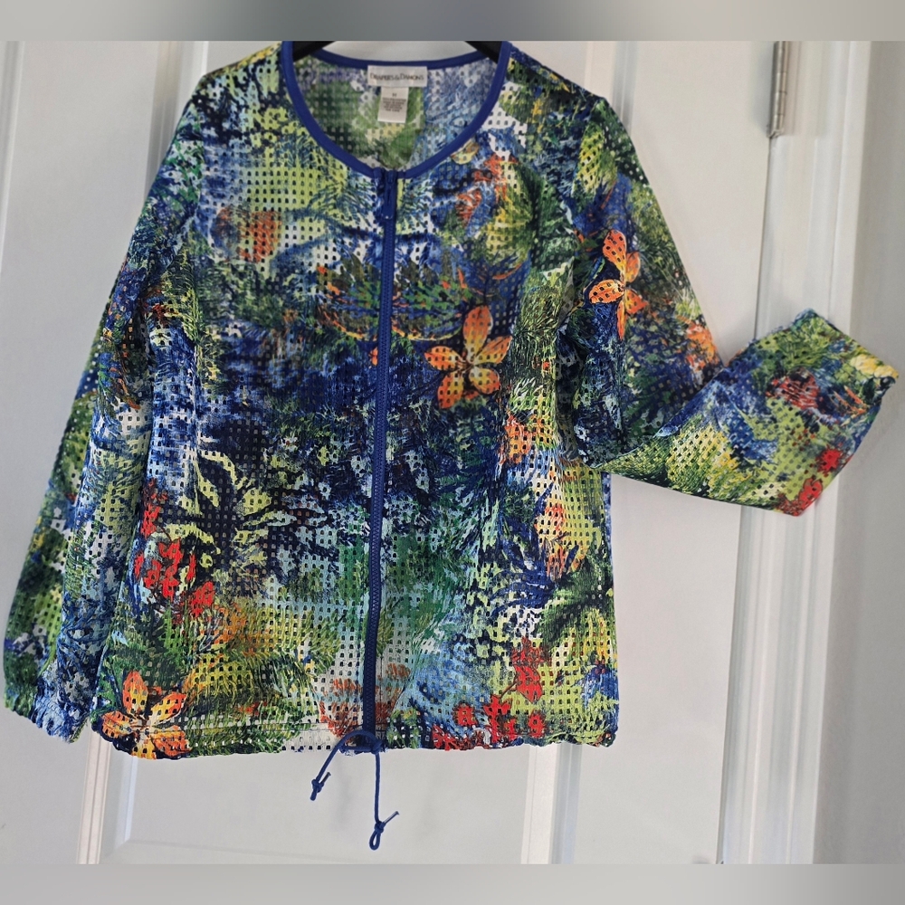 Drapers‎ & Damons Open Weave Cutaway Grid Floral Jacket Full Zip Women's Size M